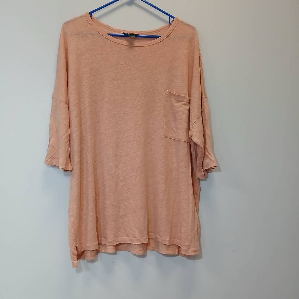 Roots Canada womens xl boxy top 100% linen salmon apricot shirt Tpocket slouchy